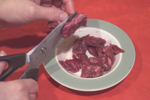 A variety of meats may be used for this recipe, but whatever meat is used cut the pieces so they will sear quickly. I happen to find it easier to cut the meat with kitchen scissors than I do with a knife.