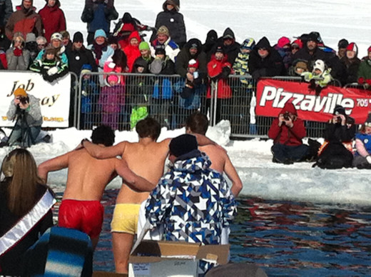2014 Polar Bear Dip in Lake Couchiching, Orillia, Ontario, Some people jumped in as a group. 