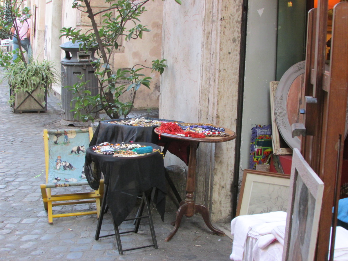 Outside a little shop in cobbled, historic Navona