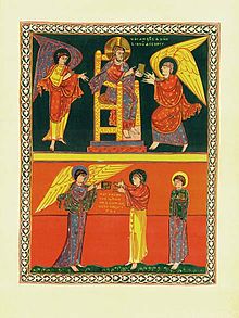 John receives his Revelation. Saint-Sever Beatus, 11th century.