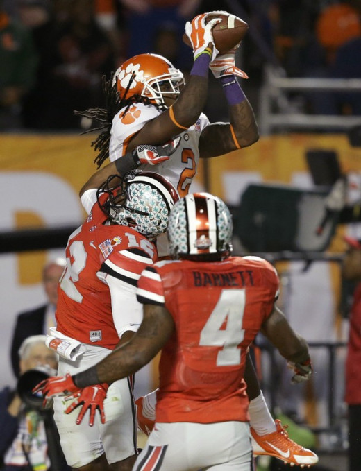 Clemson wide receiver, Sammy Watkins, catching the ball at the highest point, in crowded coverage for a touchdown versus Ohio State. 
