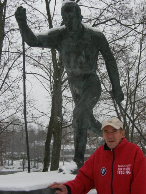 Jouko Grip has his own statue portraying him his medal-winning Nordic skiing form (photo in 2013). Respect Sport Against Violence Project.