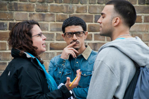 Sally al Hoseini (L) on the set of My Brother the Devil with Saïd Taghmaoui (C) James Floyd (R)