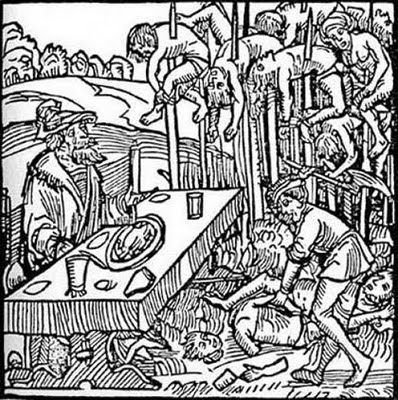 A woodcut depicting Vlad Tepes eating dinner among his impaled victims. History reveals that he actually preferred to impale with a blunted stake, inserted rectally, so his victims would take days to die.