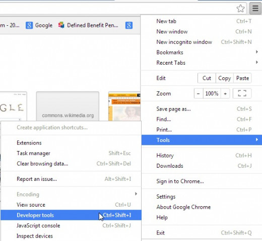 Accessing the Google Chrome Tools through the 