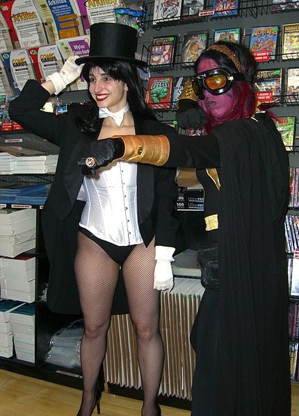 Two female fans dressed as comic book characters Zatanna and a member of the Sinestro Corps at the August 31, 2011 midnight signing of Flashpoint #5 and Justice League #1 by creators Jim Lee and Geoff Johns, as part of "The New 52",