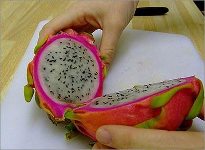 This is dragon fruit. This is from the article with 10 must try exotic fruits like rambutan, jackfruit, lychee, starfruit, durian and African cucumber.