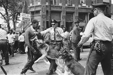 The famous picture here is from a peaceful 1963 Civil Right march in which the police attacked the people very violently. It appeared on the front page of the NY Times and so shocked the country it became an issue at the White House.