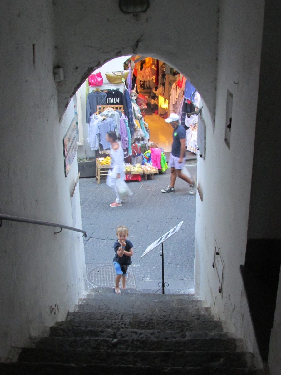 My son at the bottom of the Ancient Staircases, which lead off Amalfi's main street - a mysterious detour from the busy hub below.