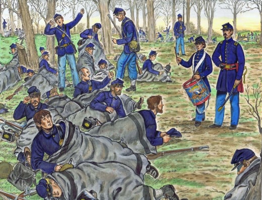 Painting - troops awaken from bivouac in line of battle