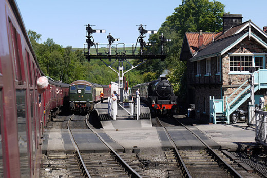 Grosmont on a busy summer's day. Several trains halt here on the way to Whitby each day during the summer holiday season. With a NYMR dedicated platform at Whitby there may be more traffic scheduled 