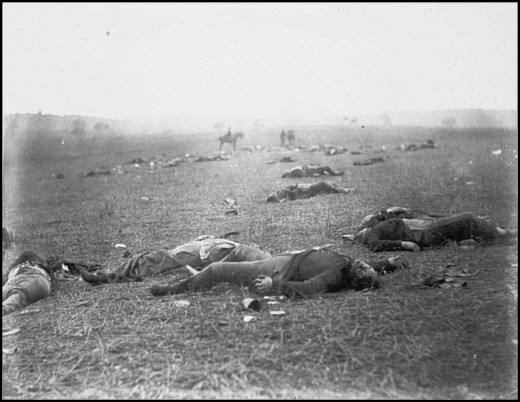 Union dead at Gettysburg, PA. Note that several corpses are without shoes and some pockets are turned inside out, signs that they were behind enemy lines