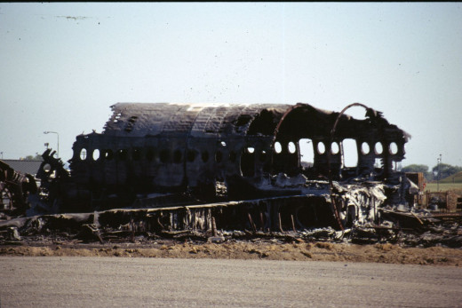 A burned out aircraft fuselage. 
