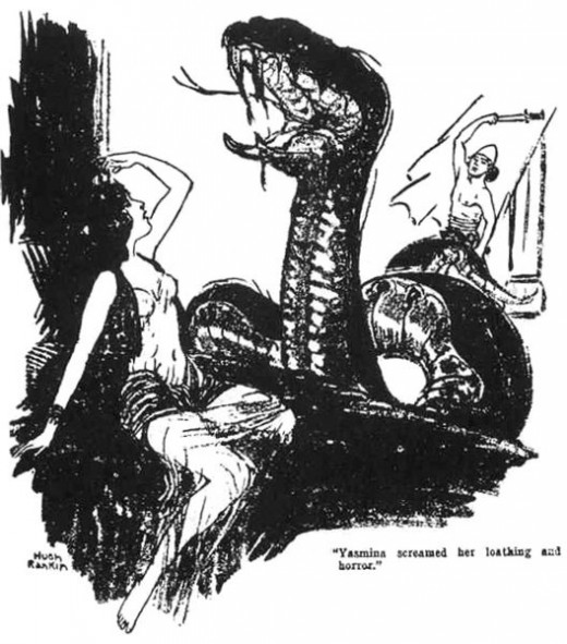 Illustration of a scene in the last part of Robert E. Howard's "The People of the Black Circle": this part of the story and illustration was first published in Weird Tales (November 1934, vol. 24, no. 5).