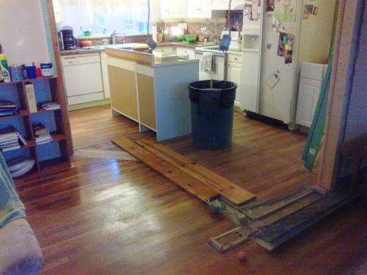 This vinyl kitchen tile was easy to do and the tone and texture work well with the dining area hard wood floor.