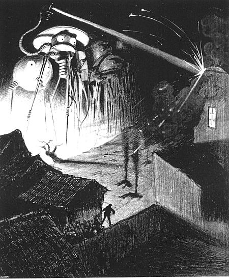  Artwork for the book "The War of the Worlds" of a 1906 Belgian edition by the Brazilian artist Henrique Alvim Corréa. The image shows the Martian fighting-machines destroying a town in England.