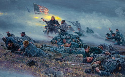 Painting - Union troops crouch among their dead comrades to return fire