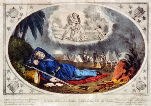 Painting - a Union soldier asleep and in a dream. It is doubtful that many troops slept this peacefully on the battlefield
