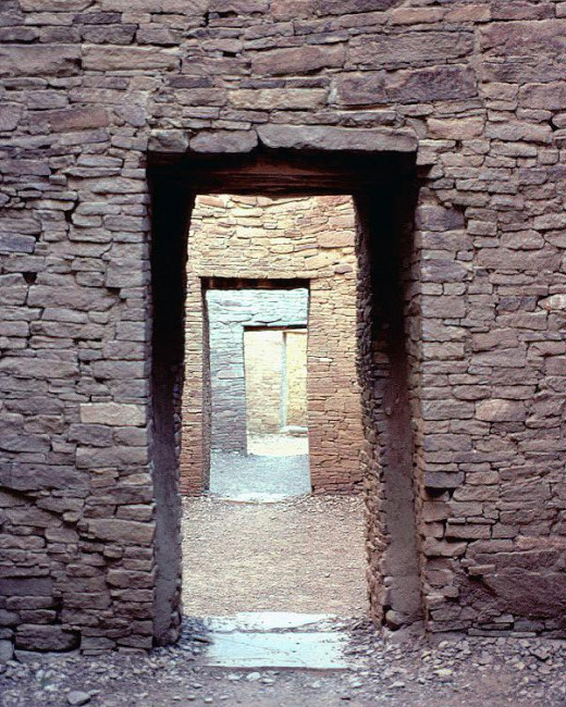 Remnant doorways of Pueblo Bonito, an ancient pueblo city in Chaco Canyon, New Mexico.