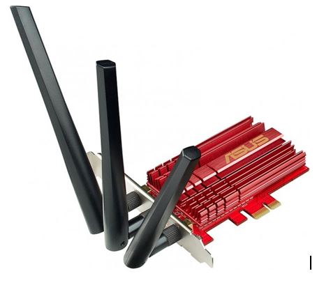 The Asus PCE-AC68 with heat sink and antennas attached
