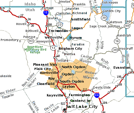 Ogden-Clearfield extends along a NE-SW line near the Wasatch front mountains, just above Salt Lake City. In fact, city bus service extends all along the North-South route that conencts all of the cities along the front.