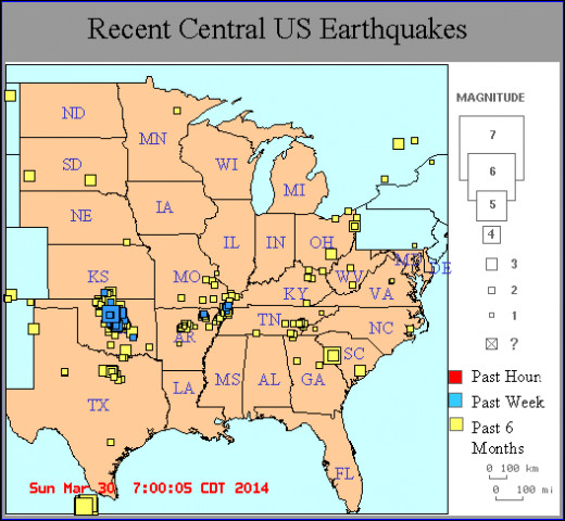 Notice the pattern of recent quakes in Central Oklahoma