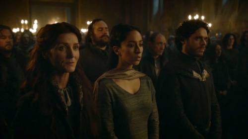 Catelyn Stark (Michelle Fairley), Talisa (Oona Chaplin) and Robb Stark (Richard Madden)