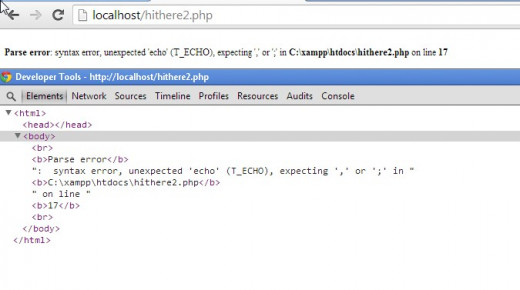 Look at how PHP handles an error with respect tot he source code. For this I right-clicked and selected "inspect element'".