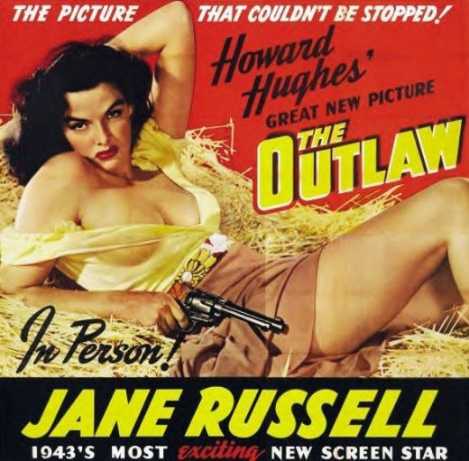 This is the racy movie poster that came out at the same time as Jane Russell's name became a household word in "The Outlaw."