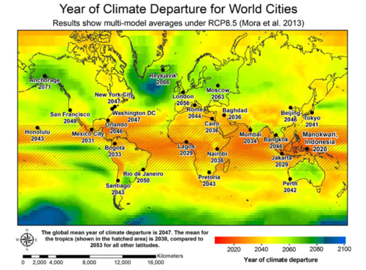 From Mora et al, 2013:  "The projected timing of climate departure from recent variability"