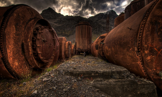 Old rusted tanks containing whale oil at the old whaling village of Grytviken in South Georgia.