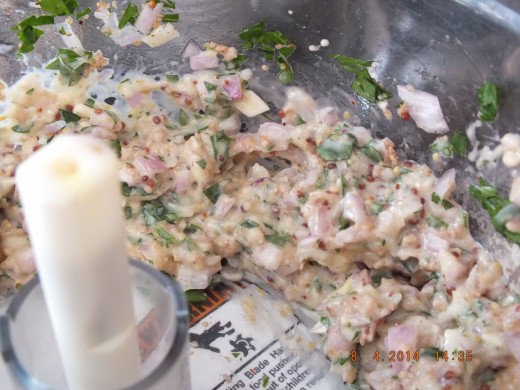 Pulse together the 3 tablespoons of whole wheat panko, parsley, lemon juice, vegan mayonnaise, shallot, mustard, pepper, and the miso paste. It will take about 6 to 8 quick pulses to come together. Place this mixture in a big mixing bowl.