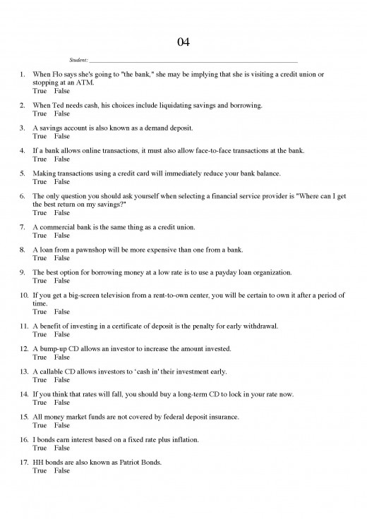 Test Bank from a Finance Book