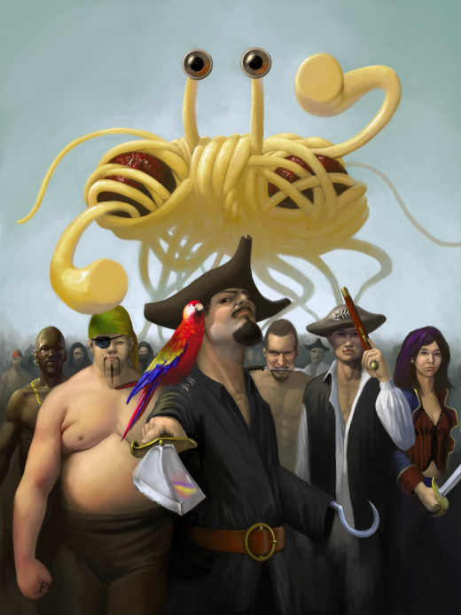 The Flying Spaghetti Monster (FSM) hovering above a group of pirates. Both the FSM & Pirates are central themes among Pastafarians, members of the The Church of the Flying Spaghetti Monster.