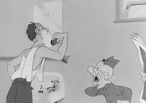 Soldier: "Nice day for a bombing." Snafu: "Yeah, nice bombing weather. Hey... hmm. Bombing weather, bombing weather.
