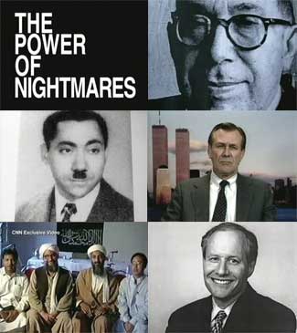 (from top right) Leo Strauss, Sayed Kotb, Donald Rumsfeld, (two in center) Ayman al-Zawahiri and Osama bin Laden, William "Bill" Kristol.