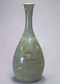 Bottle Celadon with Inlaid Chrysanthemum and Butterfly Design Koryo Dynasty, 12th Century - Korea The Ho-Rim Museum