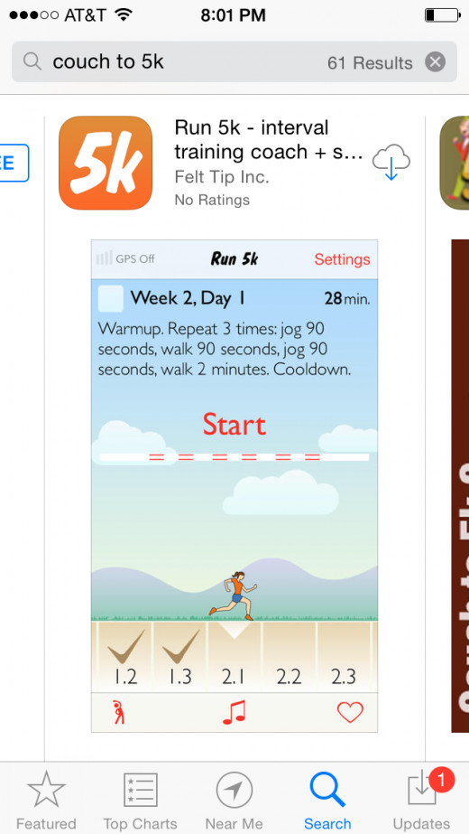 Snapshot of the App I used when I first began. In the App Store, search "Couch to 5K" and scroll over until you find it. 