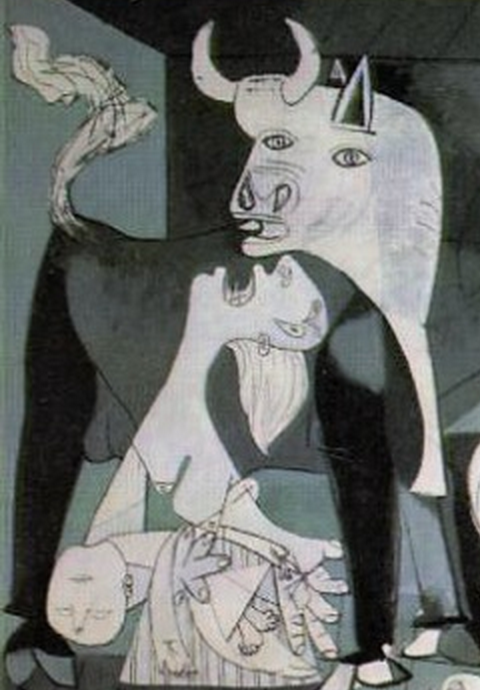 "Guernica" detail: bull standing over women mourning infant's death.