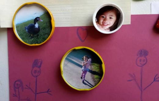 Bottle caps and lids make nice photo holders and magnets for the refrigerator.  You can paint magnetic paint or hot glue a magnet behind the lids.