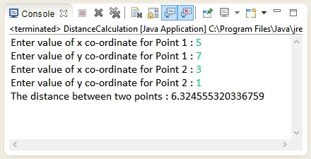 Output of the program - How to calculate distance between two given points in Java.
