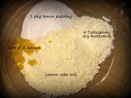 2. Mix the dry ingredients (zest, dry buttermilk powder, pudding, and cake mix) together in a large bowl. 