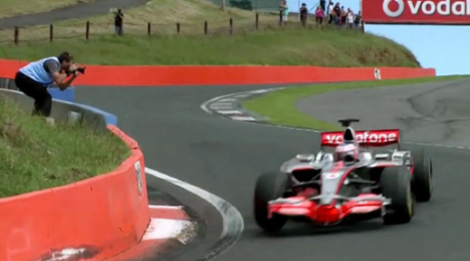 Jenson Button lapping the Mount Panorama Race Circuit in record time in his McLaren Mercedes Formula 1 Car