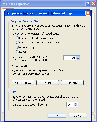 Default settings in the Temporary Internet Files and History Settings window