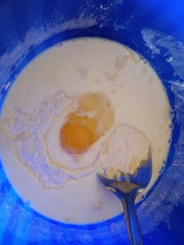 Add the egg, milk and oil.  Mix until the dry and wet ingredients are just combined.