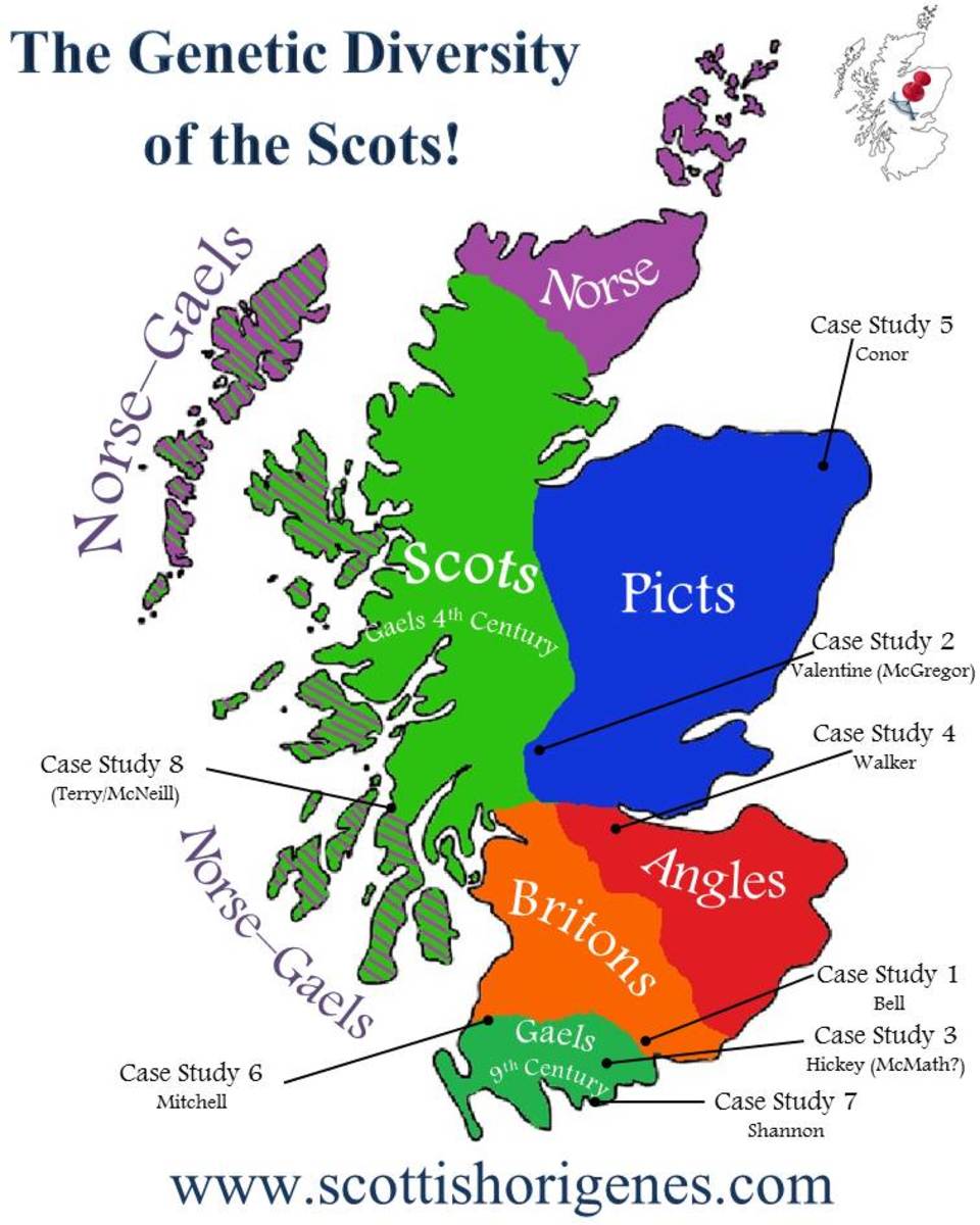 The ethnic make-up of mediaeval Scotland looked like this (with a sprinkling of anglo-Norman and anglo- Flemish (Wallace's claim to fame stems from the Normans being invited into Scotland at the time of King David I (before they 'invited' themselves)