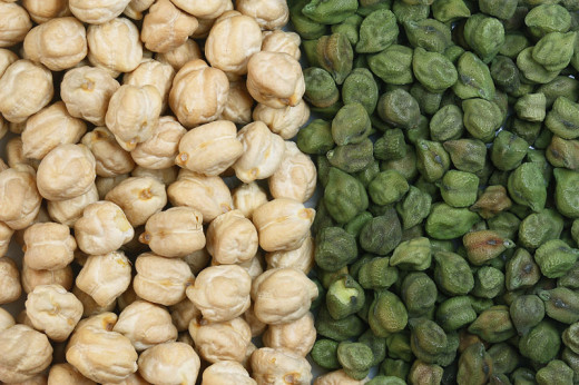 The chickpea is a legume, also called a garbanzo bean.   Typically tan or green in color. 