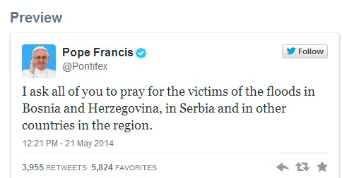 Pope Francis prays for flood victims in the Balkans