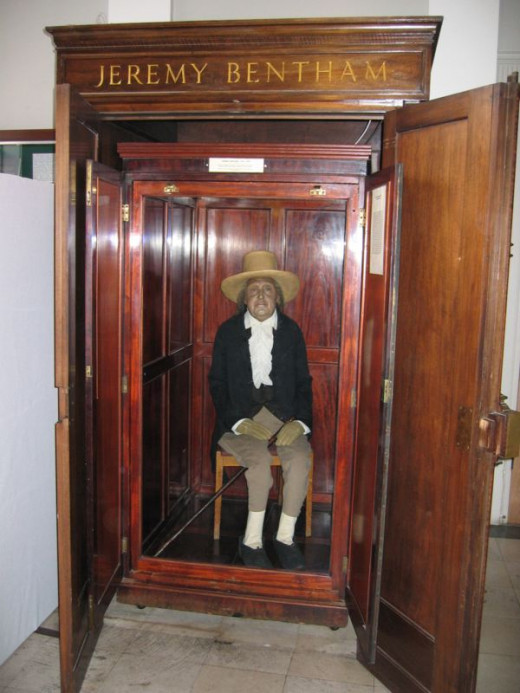 Bentham's preserved body (except for his head which is a wax replica) is on public display in University College London