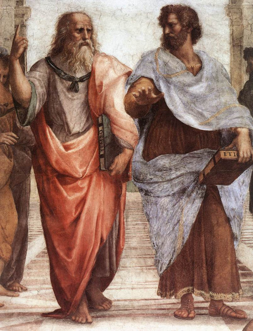 The famous painting depicting the opposing philosophies of Plato and his student. Plato points above, while Aristotle argues for a more grounded approach to philosophy.